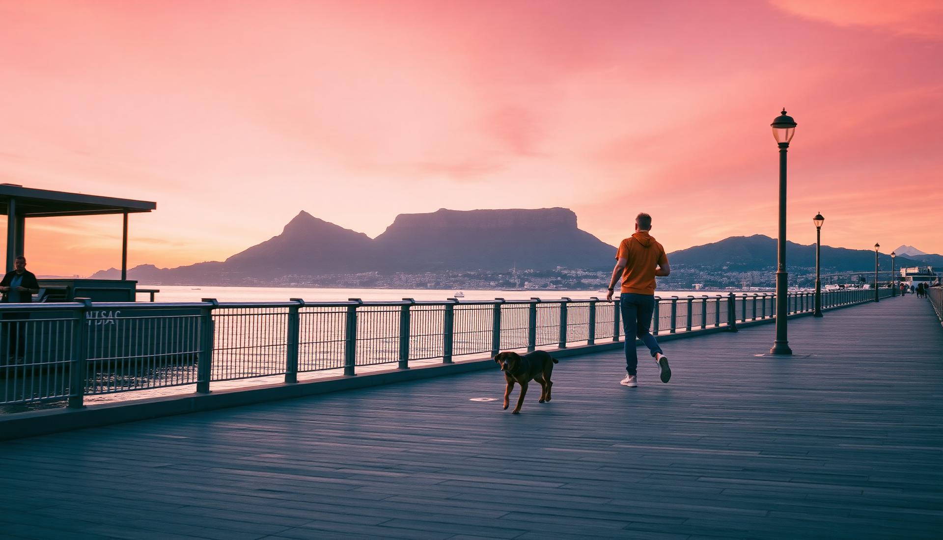 Person walking their dog along a Cape Town promenade at sunset