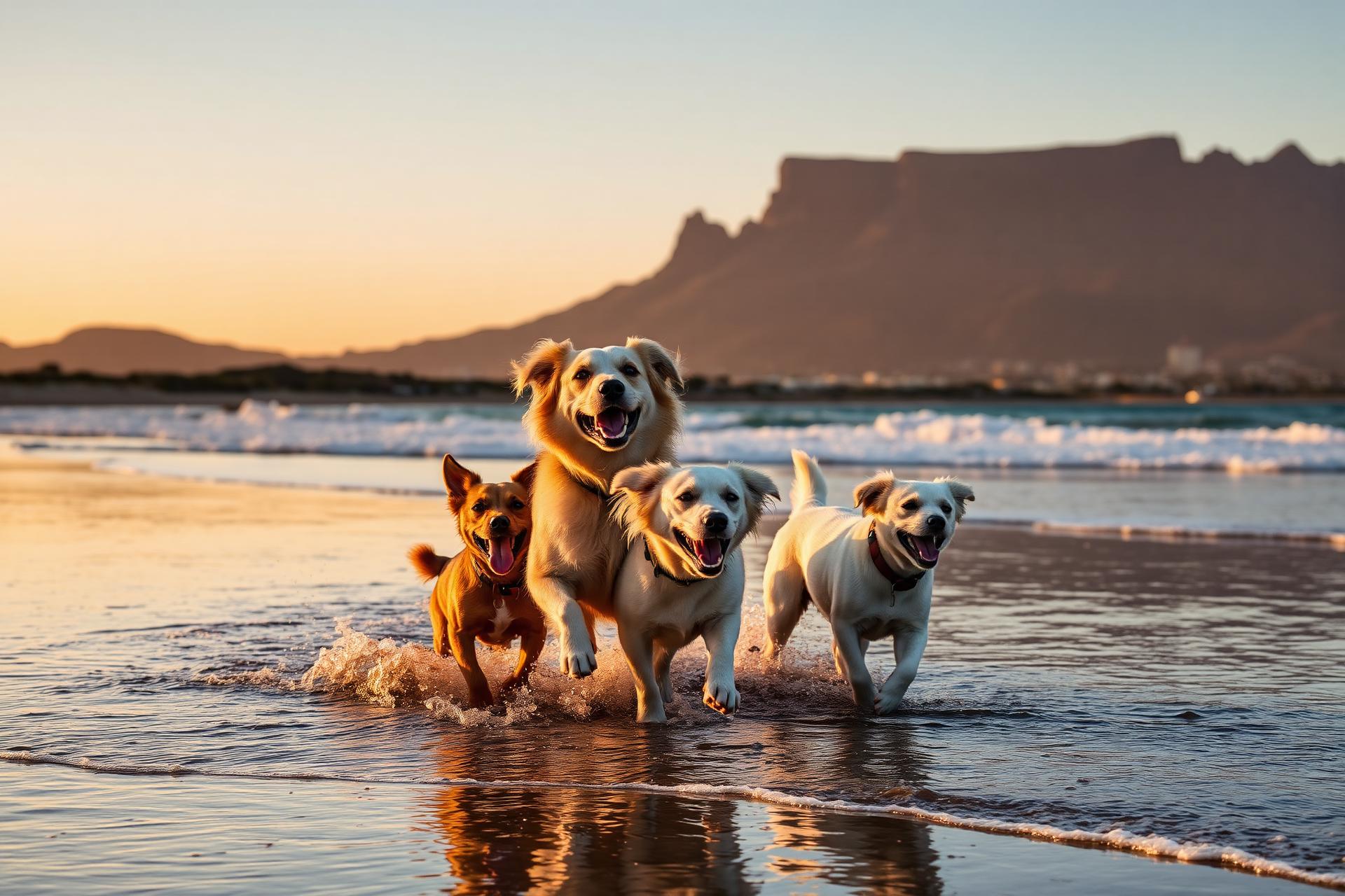 Happy dogs running through the shallow water at Blouberg Beach with Table Mountain in the distance