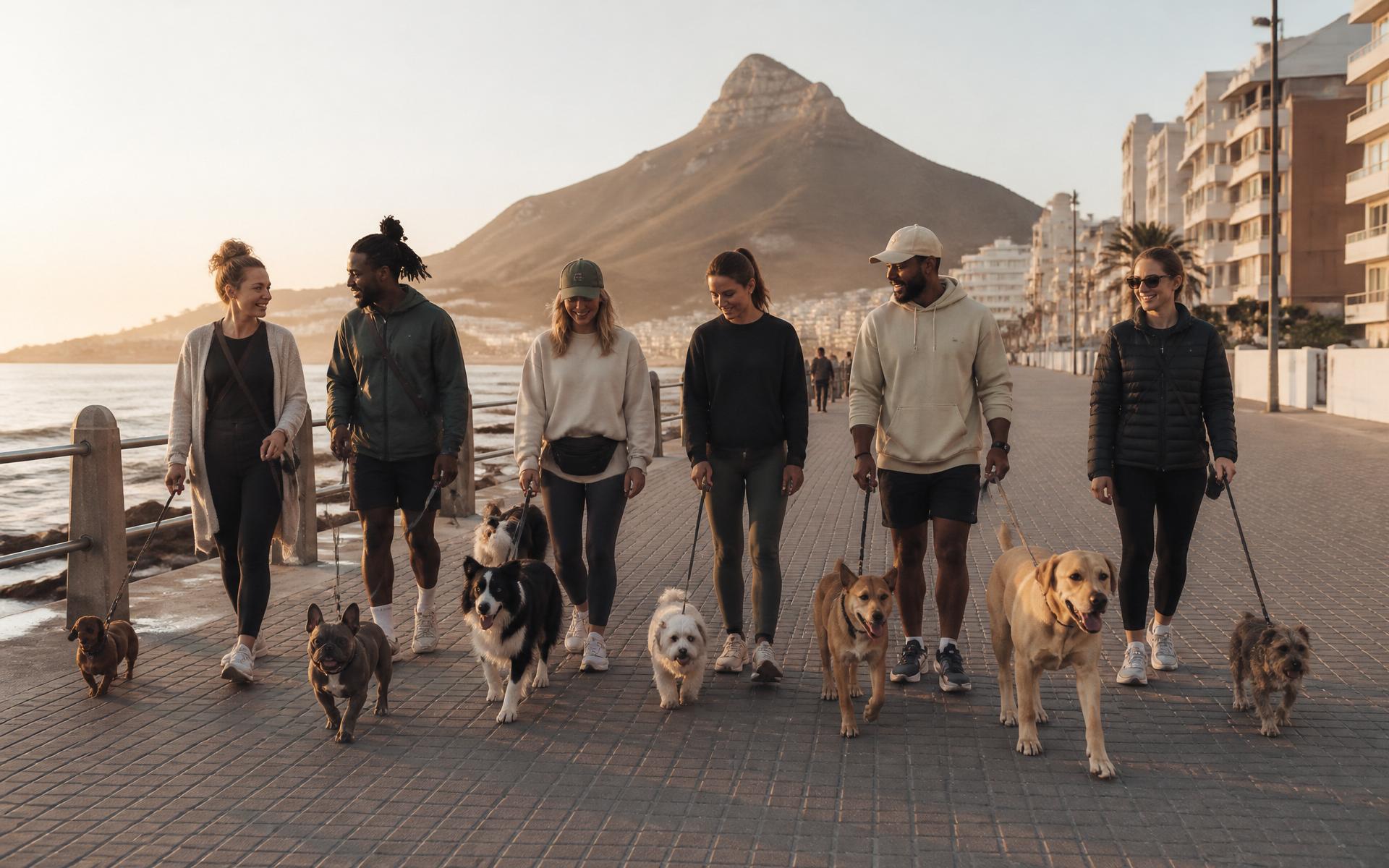 A pack walk on Sea Point promenade at dawn with Lion's Head in the background