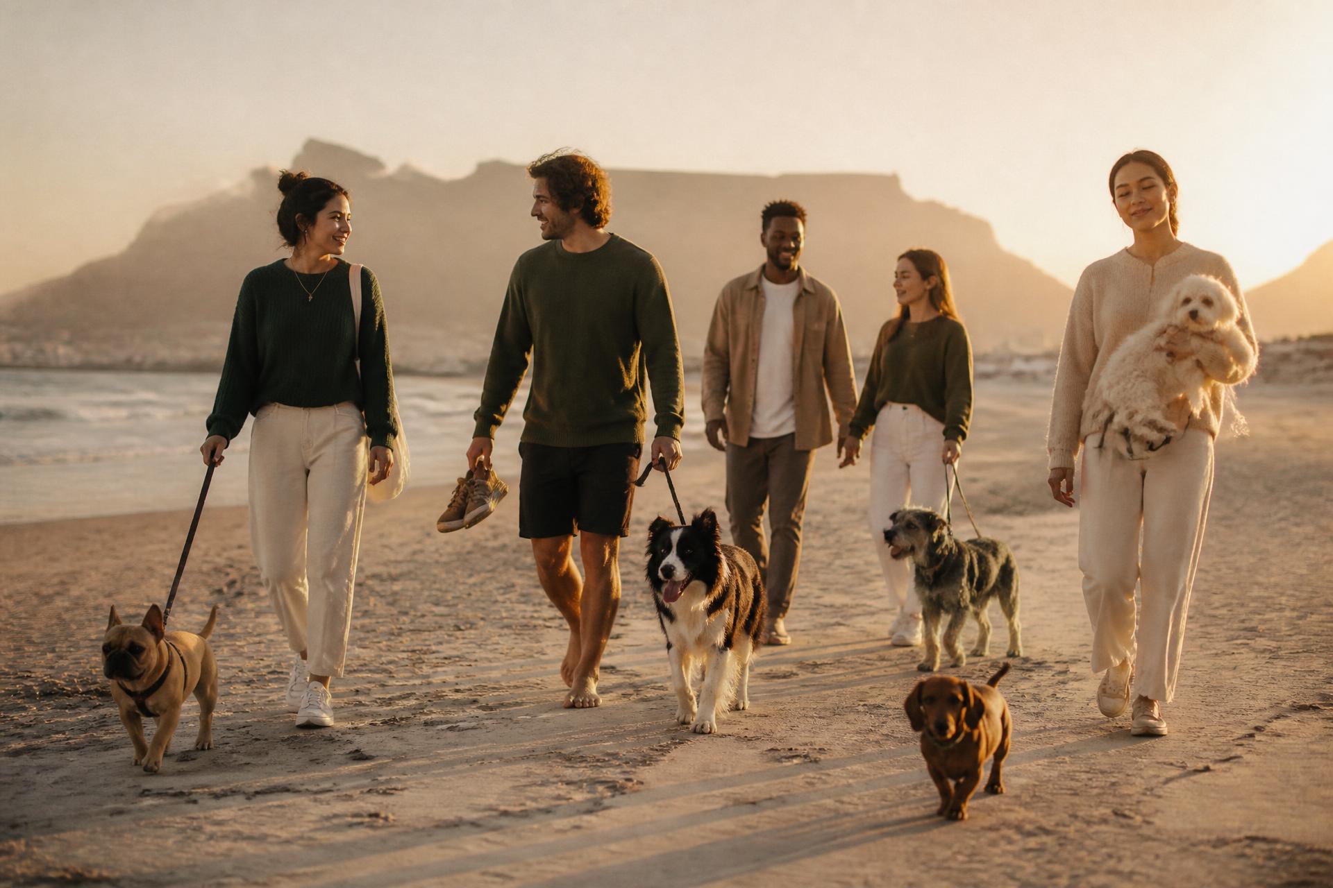 A diverse group of dog parents walking with their dogs at sunset on a Cape Town beach